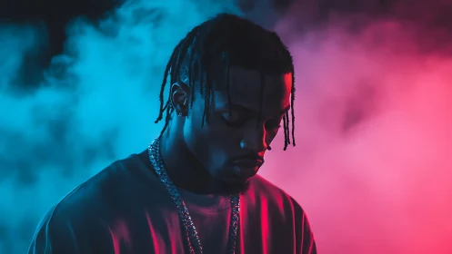 Moody portrait in cyan magenta split lighting with dense stage fog