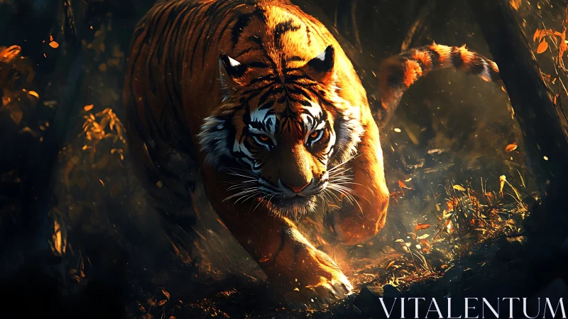 Predatory tiger stalks through burning amber forest light.