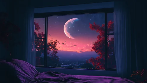 Nocturnal bedroom view with crescent moon over neon valley.