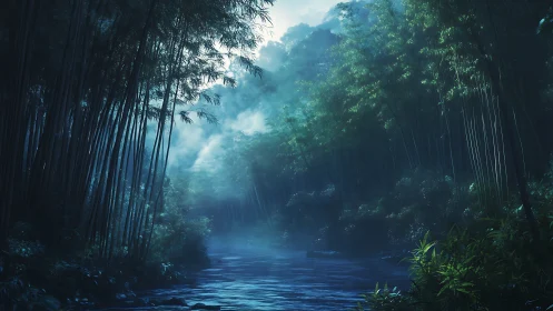 Serene Bamboo Forest River Hidden Among Misty Woods.