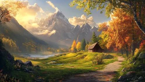 Autumn mountain valley with cabin, volumetric sunlight and aerial depth