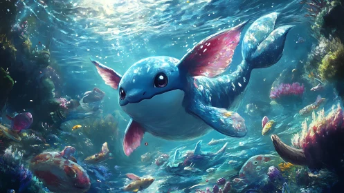 Playful fantasy sea creature in luminous coral reef waters.