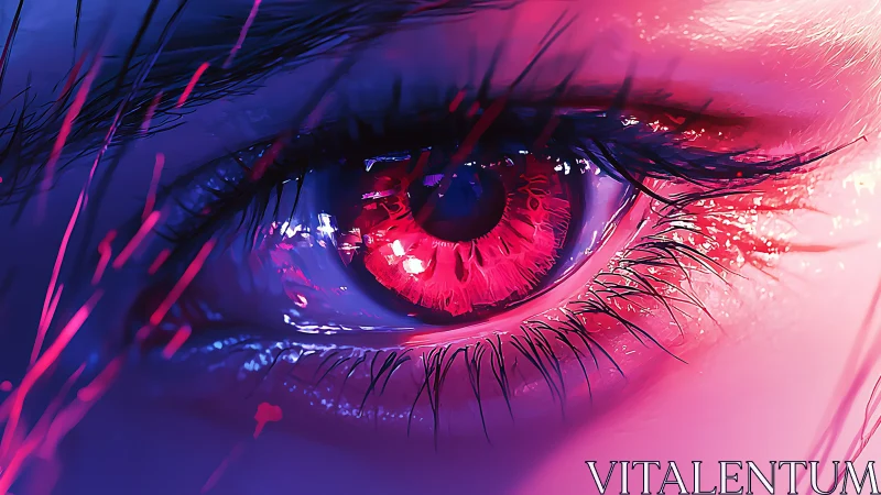 Luminous cyberpunk eye glows softly in neon pink and blue