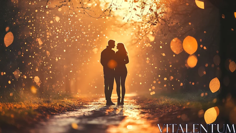 Two silhouetted figures positioned within warm-toned atmospheric bokeh environment