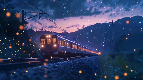 Night train crossing rural tracks under glowing sky.