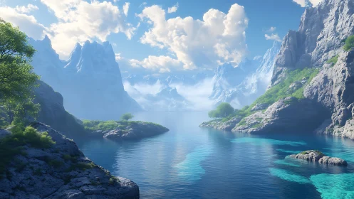 Glacial fjord oasis beneath luminous drifting clouds.