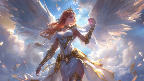 Winged armored angel holding crystal in radiant sky scene.