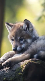 Softly lit wolf pup resting on mossy woodland log.