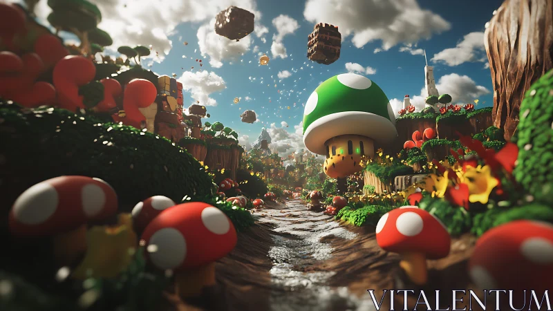 Rendered mushroom landscape depicts stylized game-inspired terrain