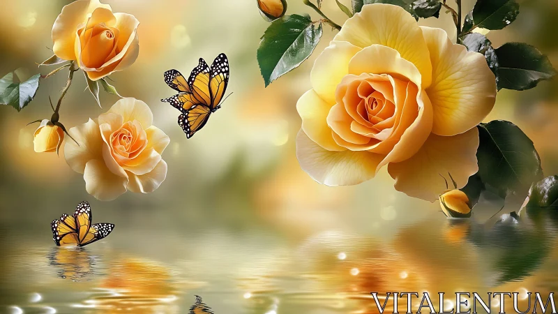 Golden Roses with Monarch Butterflies on Reflective Water Surface.