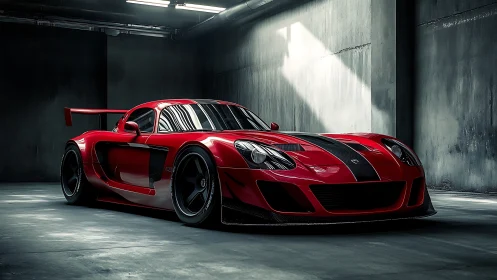 Red racing car sits under hard overhead light in concrete garage
