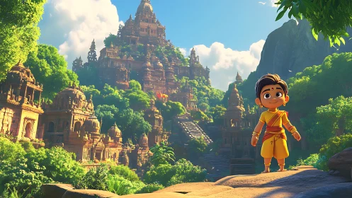 Stylized child stands before dense forest temple complex