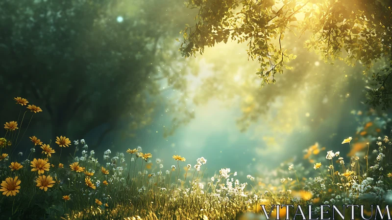 Backlit wildflower meadow with volumetric forest sunlight.