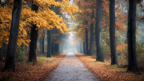 Autumn Tree-Lined Road with Mist and Golden Foliage.