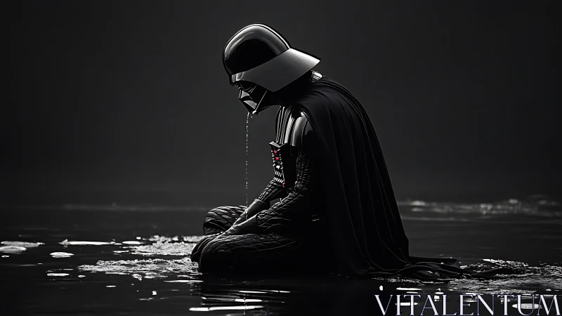 Armored sci fi figure kneeling in shallow reflective water.