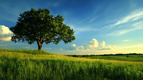Solitary tree crowns sunlit meadow under high-contrast evening sky