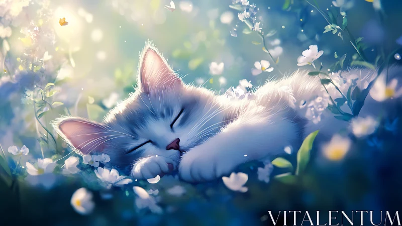 Sleeping Cat in Floral Garden with Ethereal Glow.