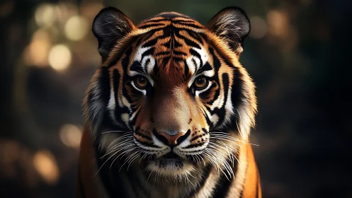 Tiger portrait captures intense gaze in warm forest light.