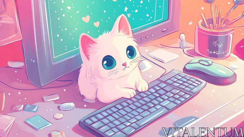 White kitten on pastel computer desk with keyboard and mouse.