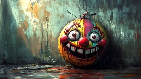 Grinning clown balloon decays in a grimy urban corner.