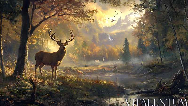 Stag stands by reflective forest pond under warm autumn light