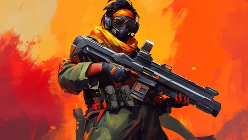 Masked futuristic soldier holding rifle on fiery backdrop.