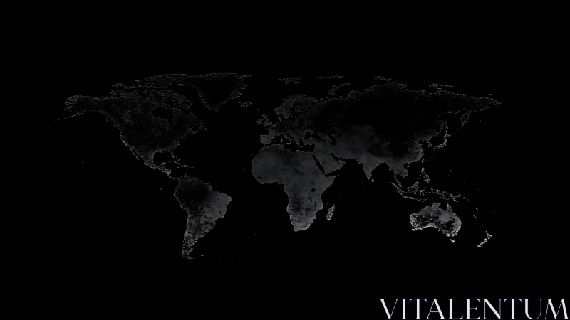 Minimalist dark world map silhouette on black canvas.