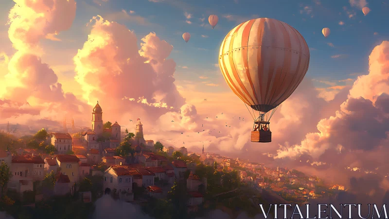 Striped hot air balloons above hillside town at sunset.