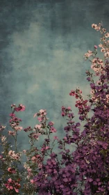 Teal Sky Garden: Pink and Magenta Blooms Against Textured Backdrop.