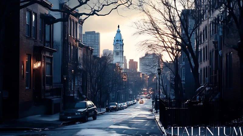 Dusk-tipped city street quietly crowns its distant clocktower