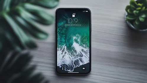 iPhone displaying locked screen with coastal aerial photography.