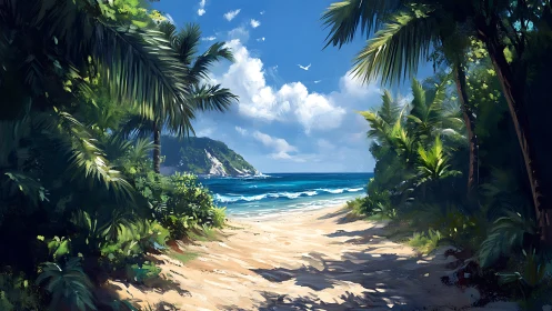 Tropical Beach Cove View Through Palms