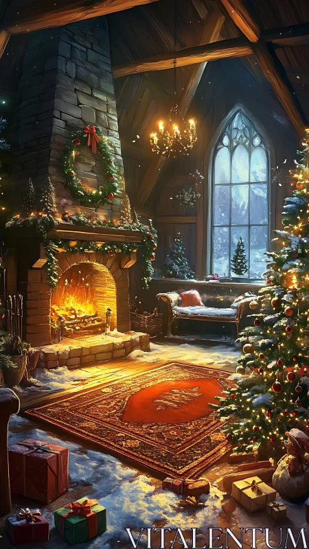 Snow-dusted chalet interior with glowing hearth and tree.
