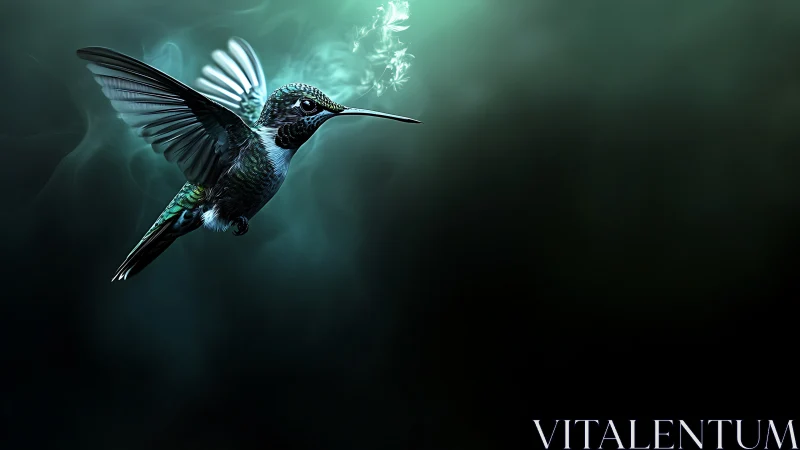 Hummingbird in side profile against dark teal background.