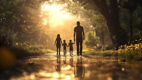 Family walking along illuminated forest path.