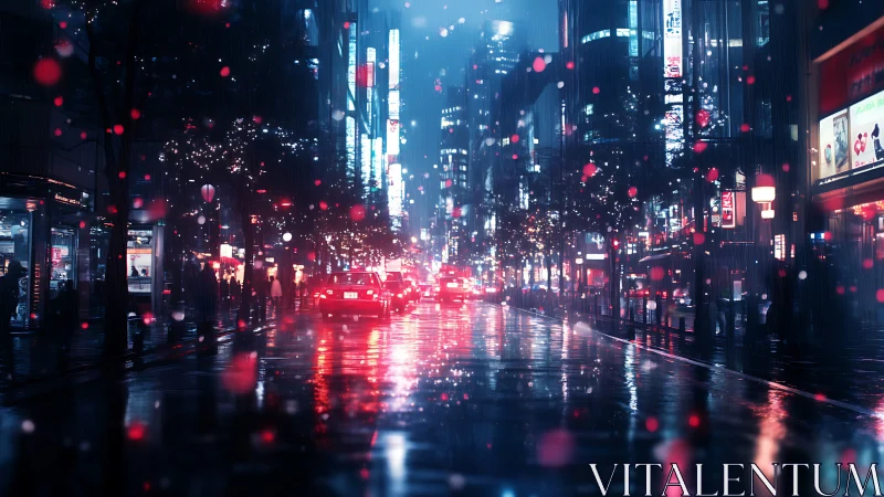 Neon city avenue glowing through rain soaked nightscape.