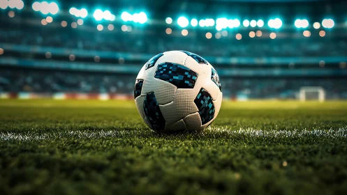 Stadium lights glow as a lone soccer ball awaits the match
