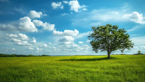 Solitary deciduous tree in expansive green meadow under clouds.