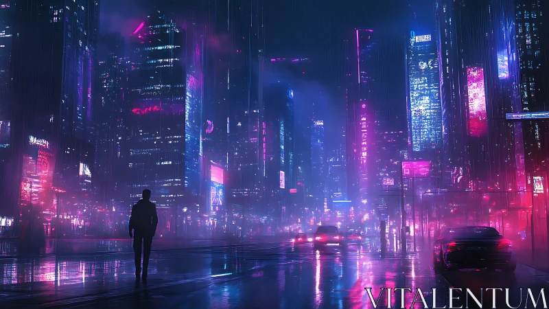 Neon drenched future city street glowing with soft mystery.