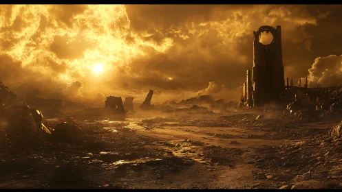 Apocalyptic sunlit wasteland frames colossal ruined tower silhouette