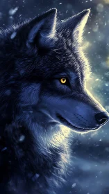 Luminous golden eyed wolf portrait in cold moonlit snowfall