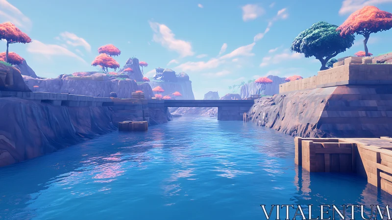 Dreamscape Canyon: Where Pink Trees Crown Infinite Blue Waters.