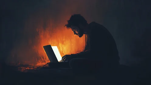 Midnight coder bends firelight from a glowing laptop screen