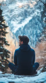 Seated person in winter clothing on snowy mountain ledge.