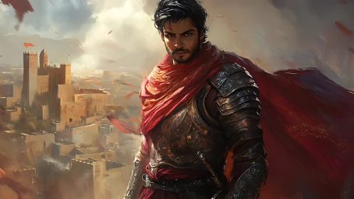 Storm-Scarred Warlord Guards a Sunlit Desert Citadel.