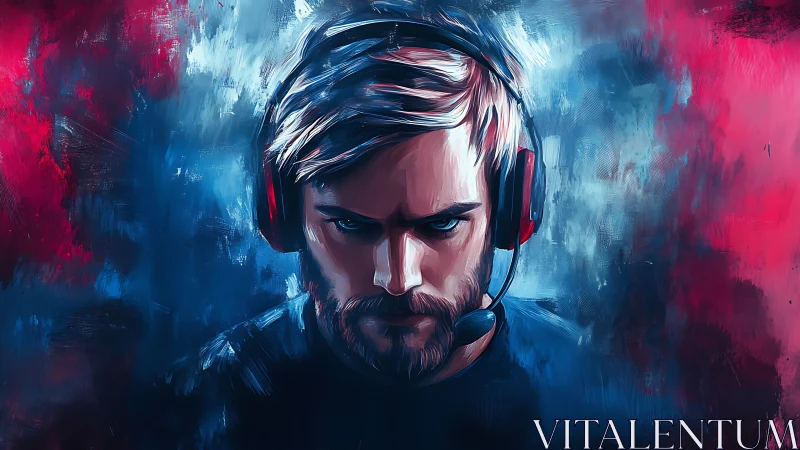 Focused esports gamer stares intensely in neon light