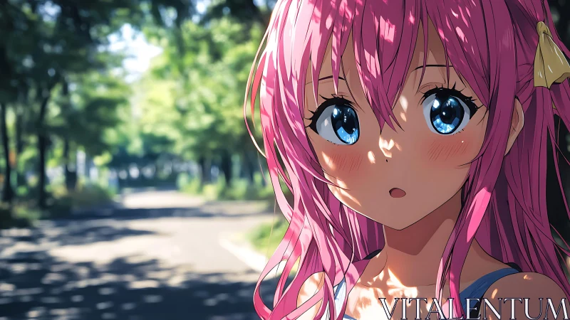 Pink haired anime girl pauses in dappled summer sunlight
