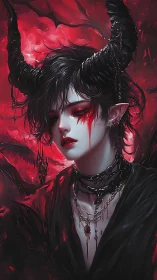 Mournful horned angel bathed in crimson infernal hush.