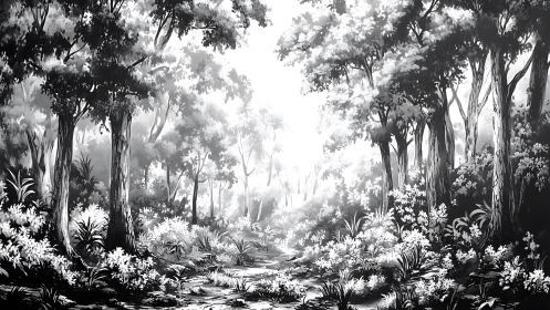 Enchanted Forest Path Bathed in Misty Light.