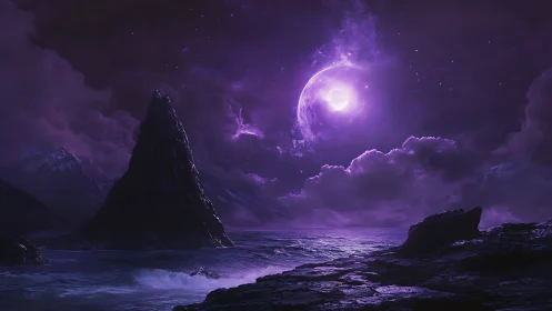 Celestial Moon Over Mystical Coastal Realm.